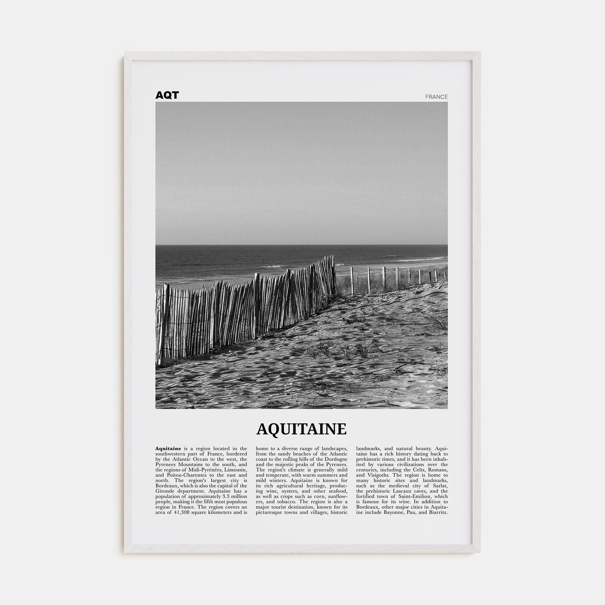 Aquitaine Poster White Wood / 8x12 in Nbourhood Travel B&W Poster