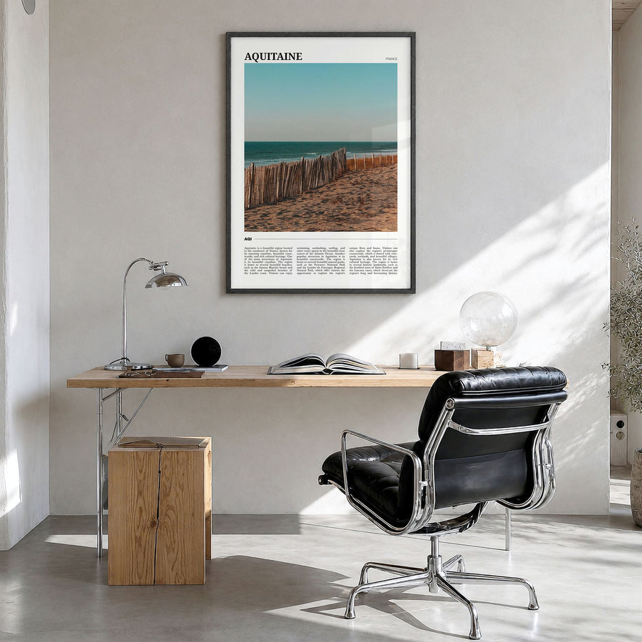 Aquitaine Travel Poster in a black wood frame, hanging in a bright home office