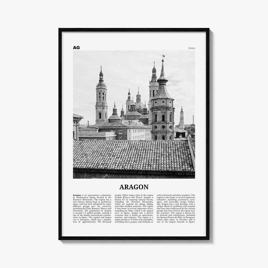 Aragon black & white newspaper poster of Spain – vertical wall art, unframed print shown in interior mockup