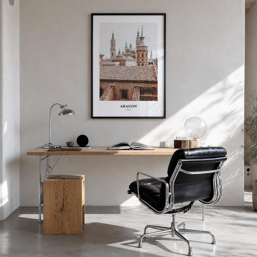 Aragon colorful classic poster of Spain – vertical wall art in black wood frame, hanging on wall
