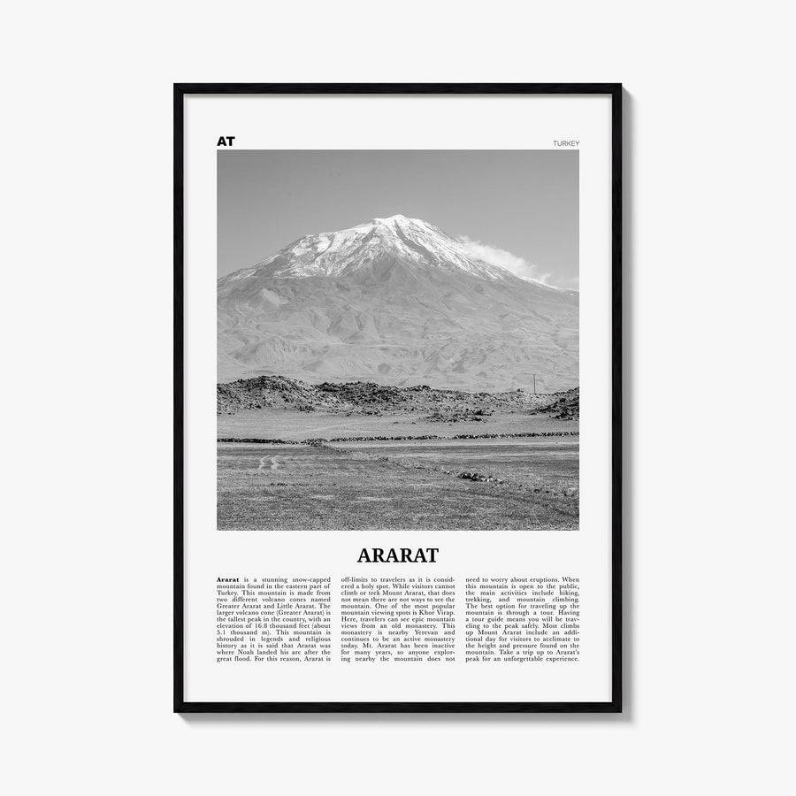 Ararat black & white newspaper poster of Armenia – vertical wall art, unframed print shown in interior mockup
