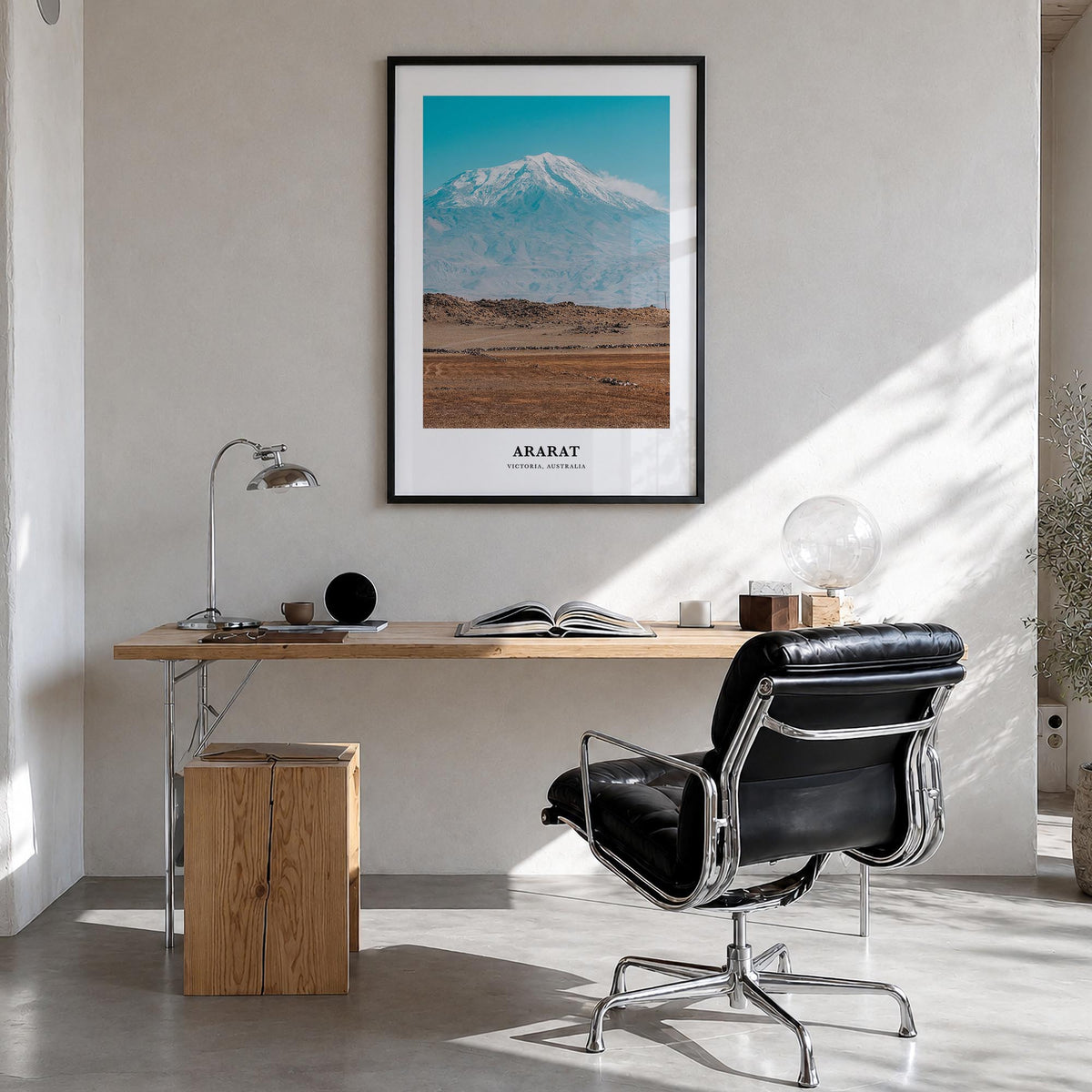 Ararat colorful classic poster of Armenia – vertical wall art in black wood frame, hanging on wall