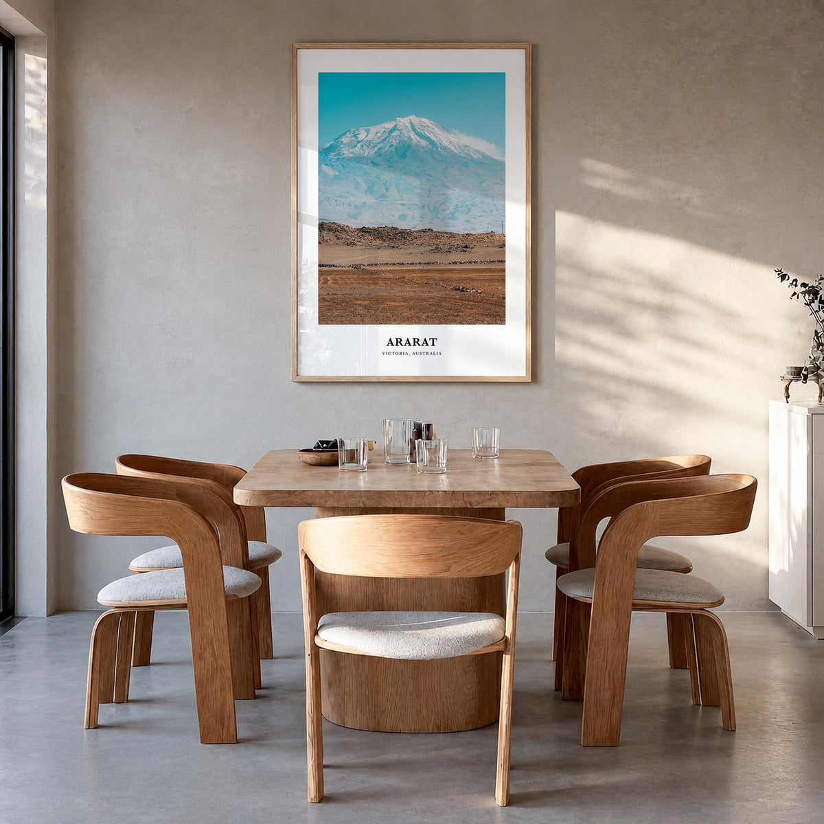 Ararat colorful classic poster of Armenia – vertical wall art in natural wood frame, hanging on wall