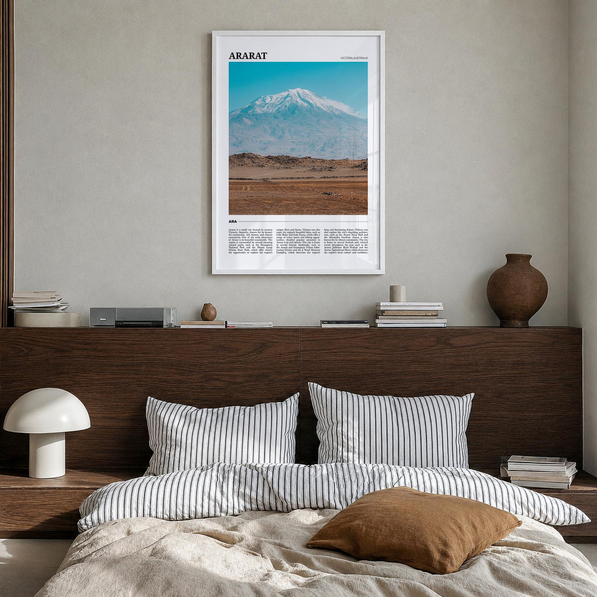 Ararat colorful travel poster of Armenia – vertical wall art in white wood frame, hanging on wall
