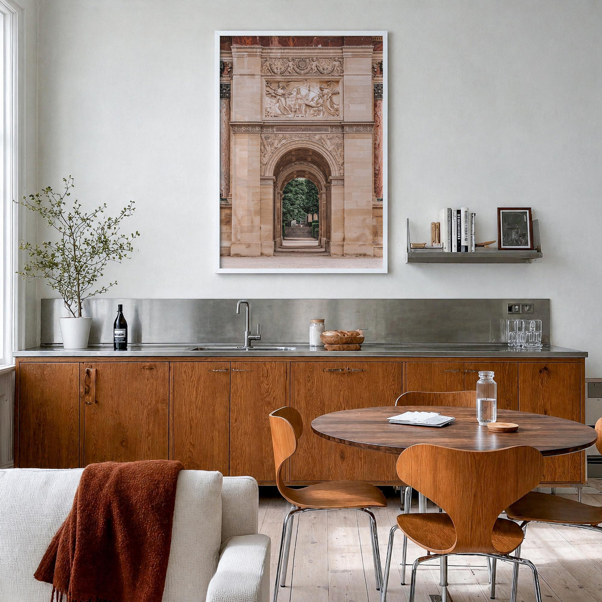 Arc de Triomphe colorful photo poster – vertical wall art in white wood frame, hanging on wall