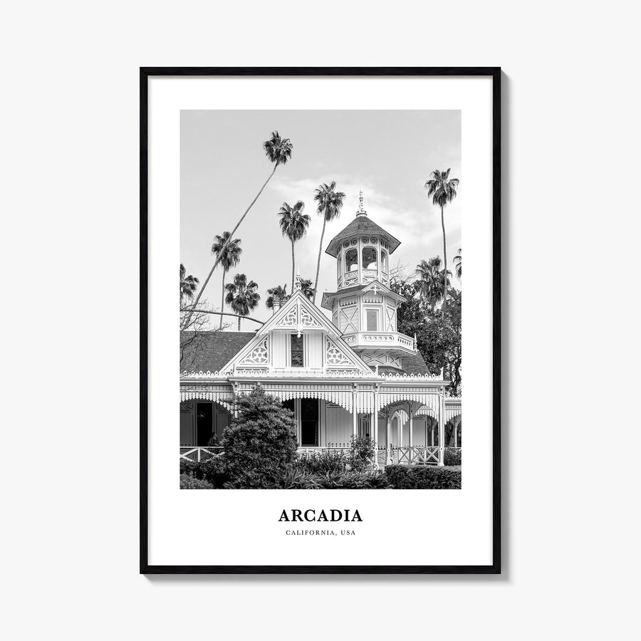 Arcadia black & white classic poster of California, USA – vertical wall art, unframed print shown in interior mockup