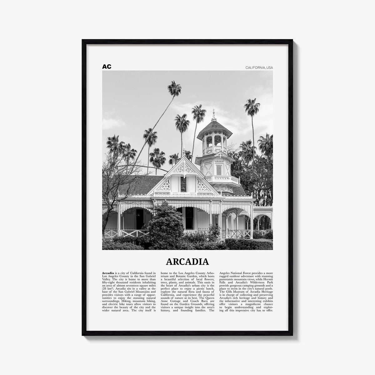 Arcadia black & white newspaper poster of California, USA – vertical wall art, unframed print shown in interior mockup