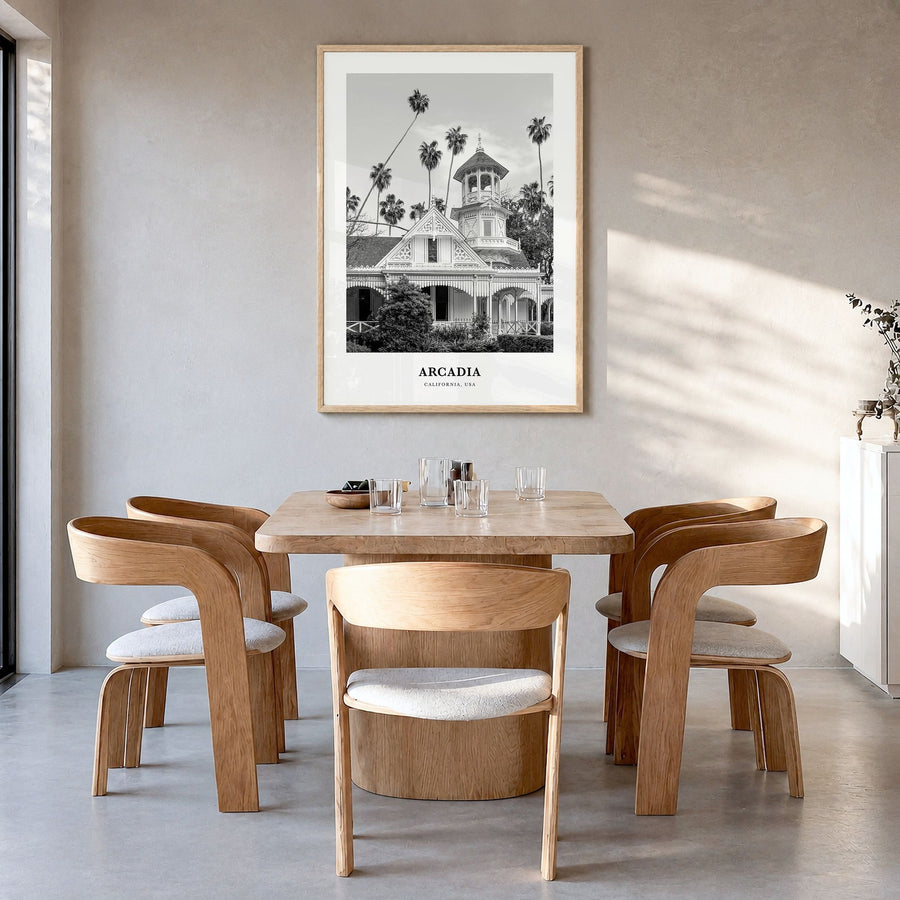 Arcadia Classic Poster in a natural wood frame, hanging in a dining room