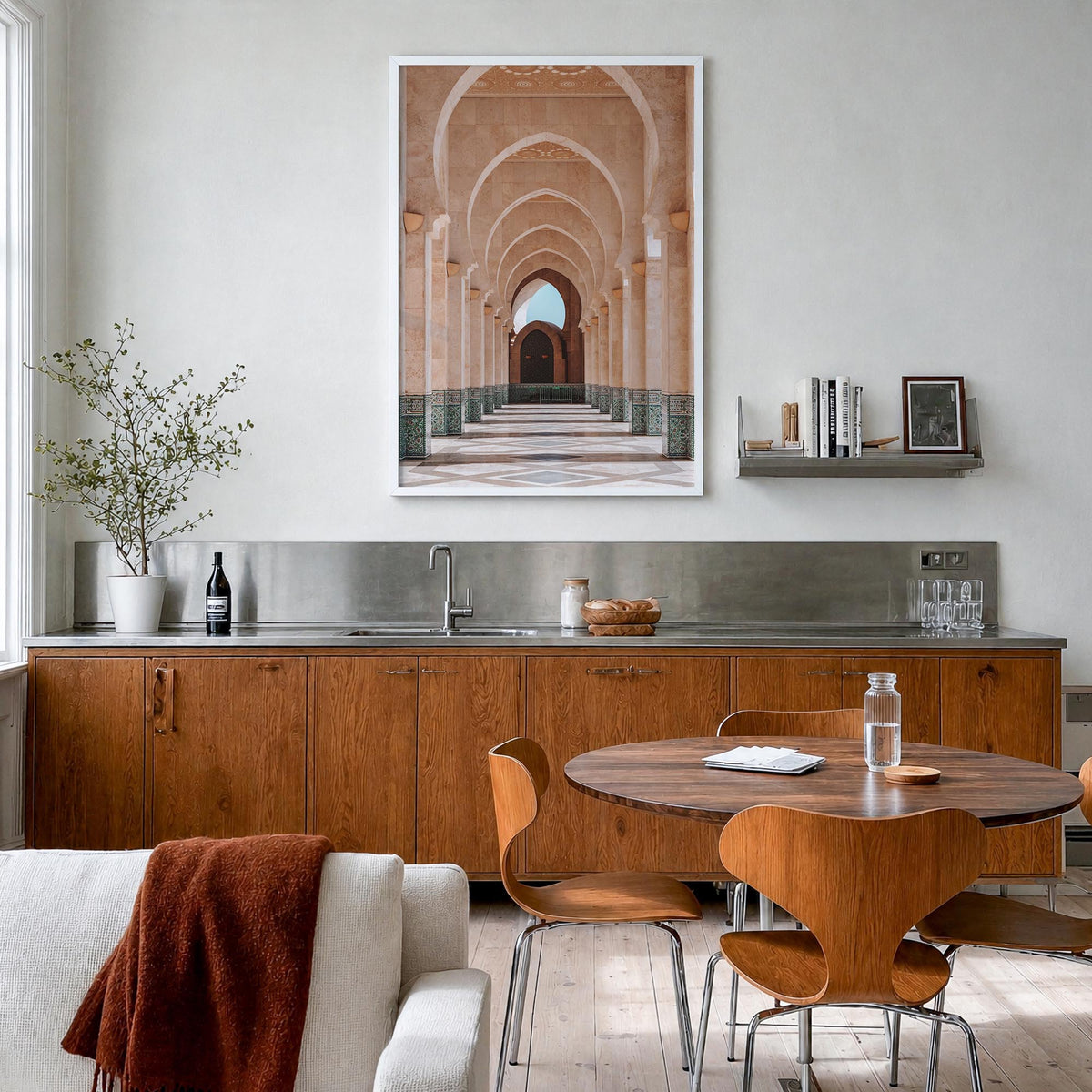 Arch no. 2 colorful photo poster – vertical wall art in white wood frame, hanging on wall