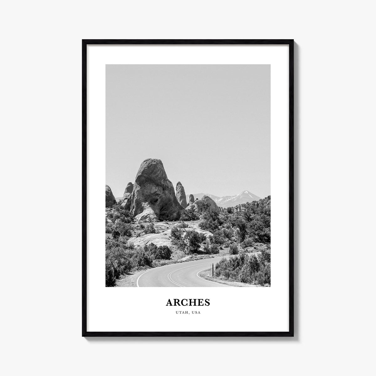 Arches National Park black & white classic poster of Utah, USA – vertical wall art, unframed print shown in interior mockup