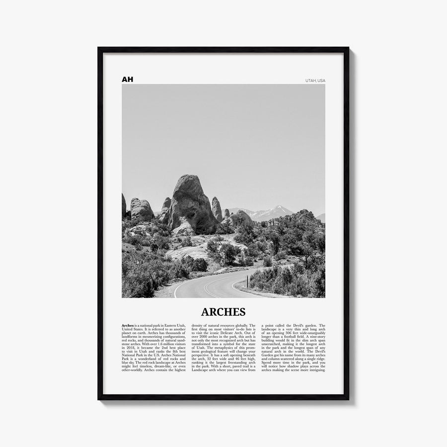Arches National Park black & white newspaper poster of Utah, USA – vertical wall art, unframed print shown in interior mockup