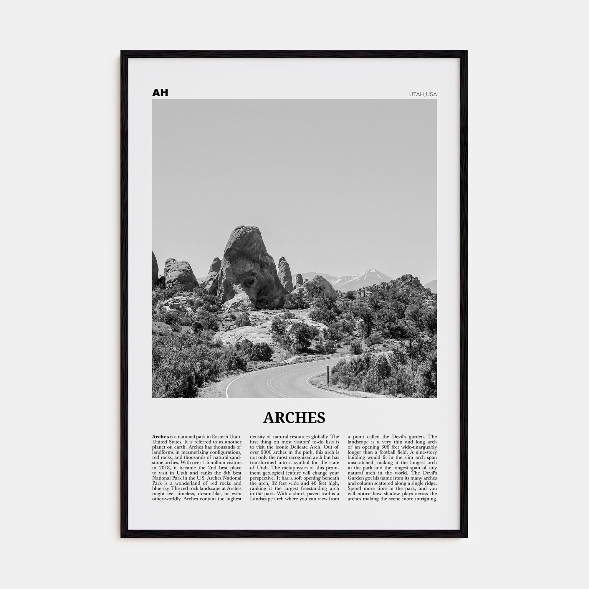 Arches National Park Poster Black Wood / 8x12 in Nbourhood Travel B&W Poster