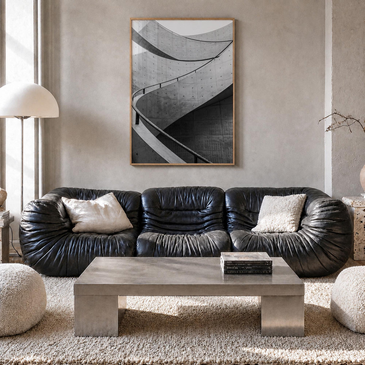 Architecture no. 1 black & white photo poster – vertical wall art in natural wood frame, hanging on wall