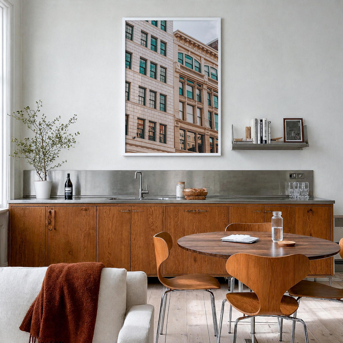 Architecture no. 1 colorful photo poster – vertical wall art in white wood frame, hanging on wall