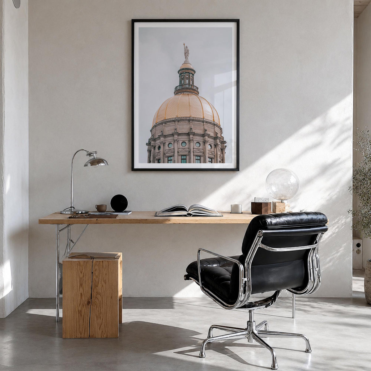 Architecture no. 2 colorful photo poster – vertical wall art in black wood frame with white border, hanging on wall