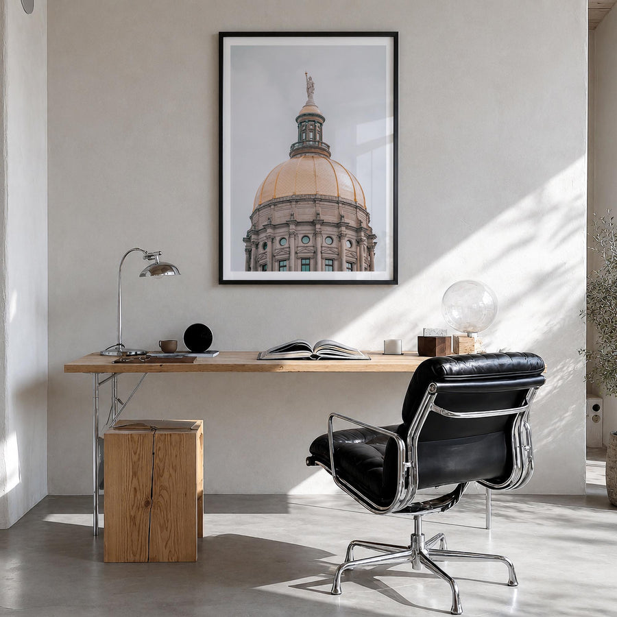 Architecture no. 2 colorful photo poster – vertical wall art in black wood frame with white border, hanging on wall