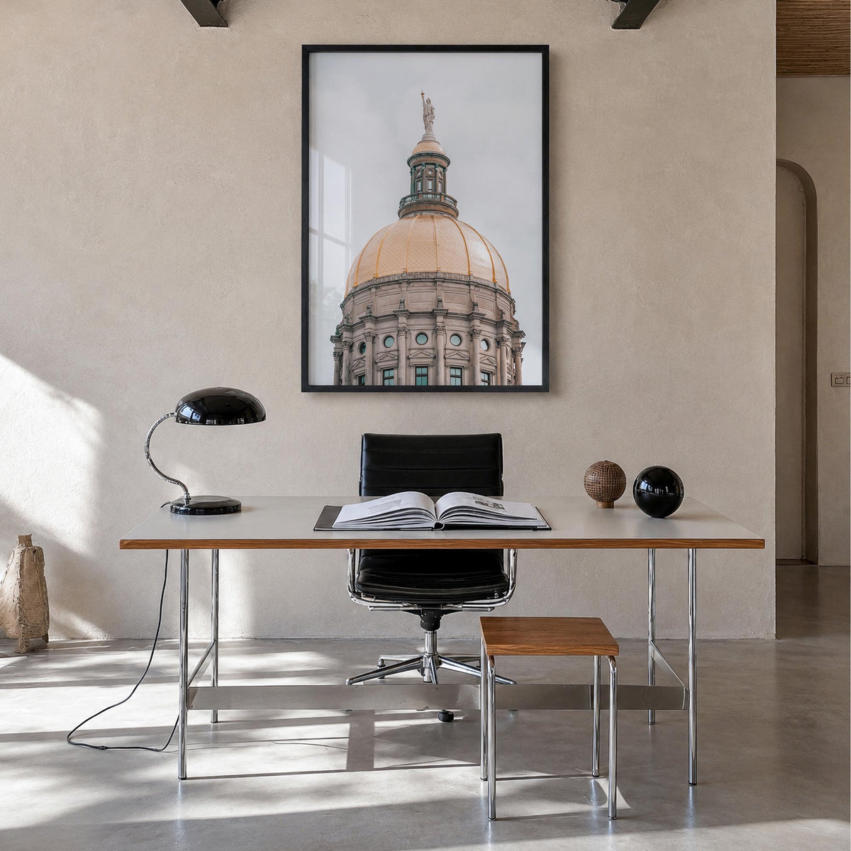 Architecture no. 2 colorful photo poster – vertical wall art in black wood frame, hanging on wall