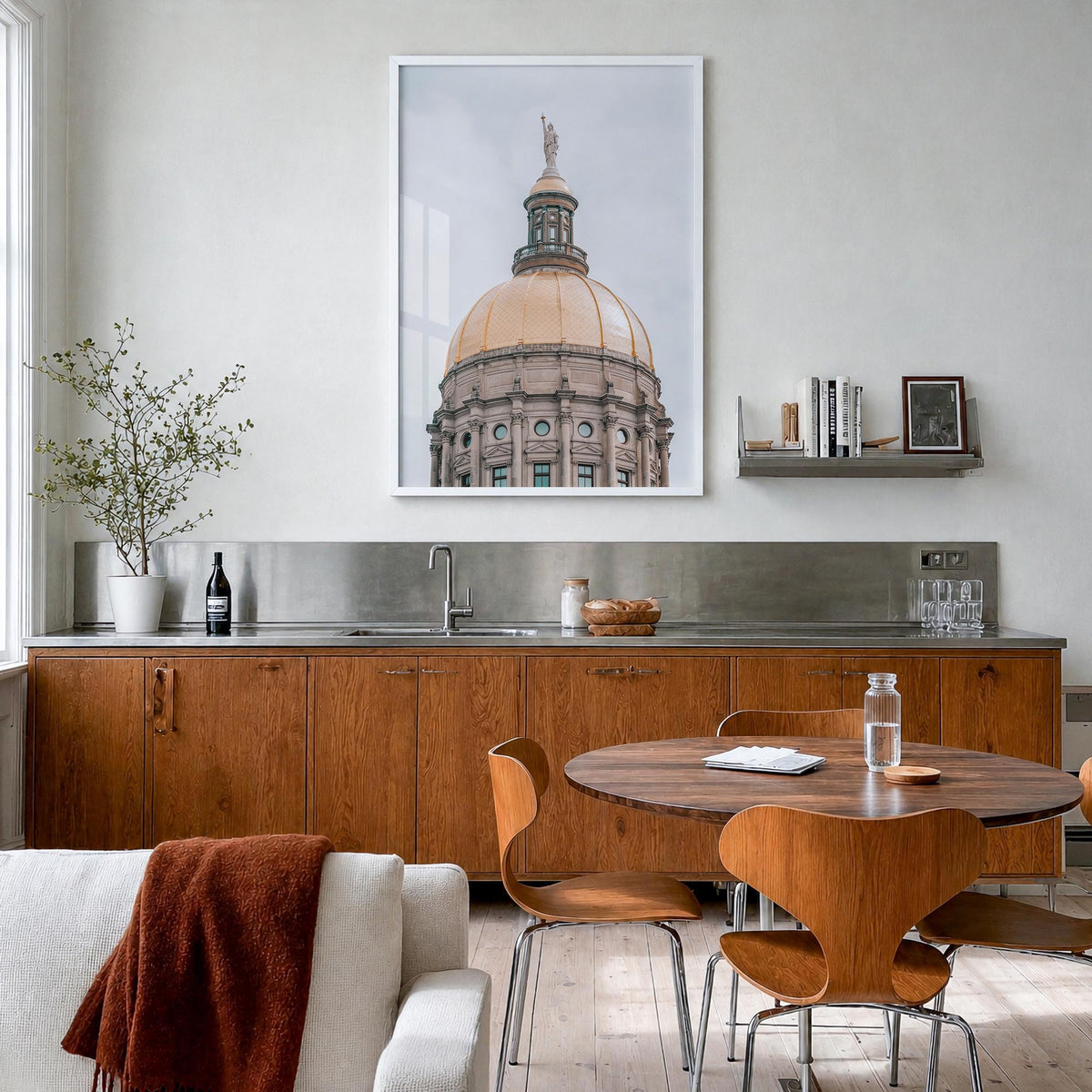 Architecture no. 2 colorful photo poster – vertical wall art in white wood frame, hanging on wall