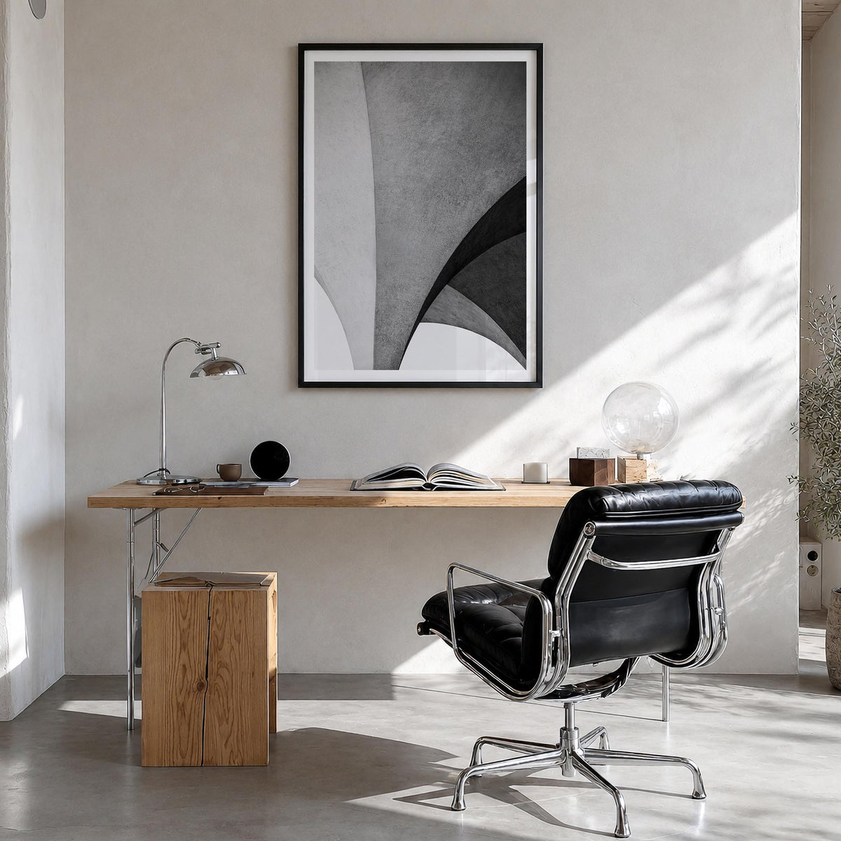 Architecture no. 2 black & white photo poster – vertical wall art in black wood frame with white border, hanging on wall