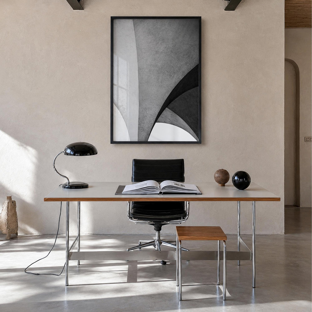 Architecture no. 2 black & white photo poster – vertical wall art in black wood frame, hanging on wall