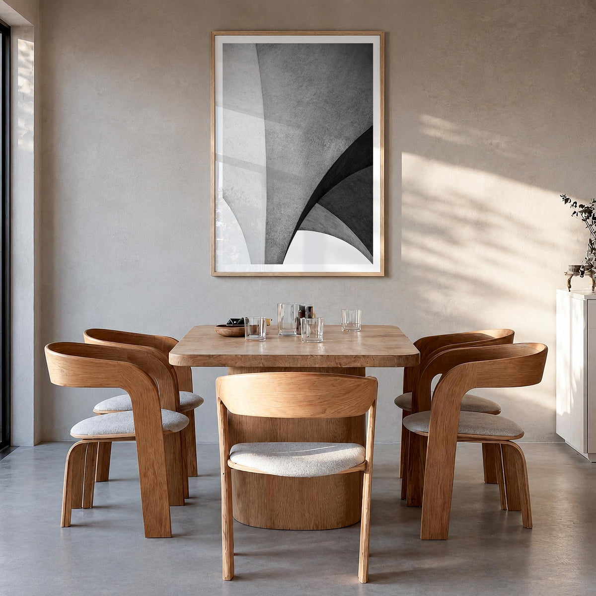 Architecture no. 2 black & white photo poster – vertical wall art in natural wood frame with white border, hanging on wall