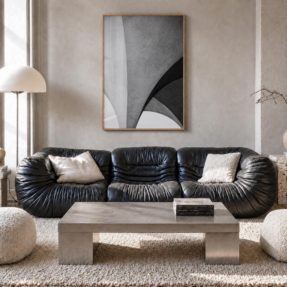 Architecture no. 2 black & white photo poster – vertical wall art in natural wood frame, hanging on wall