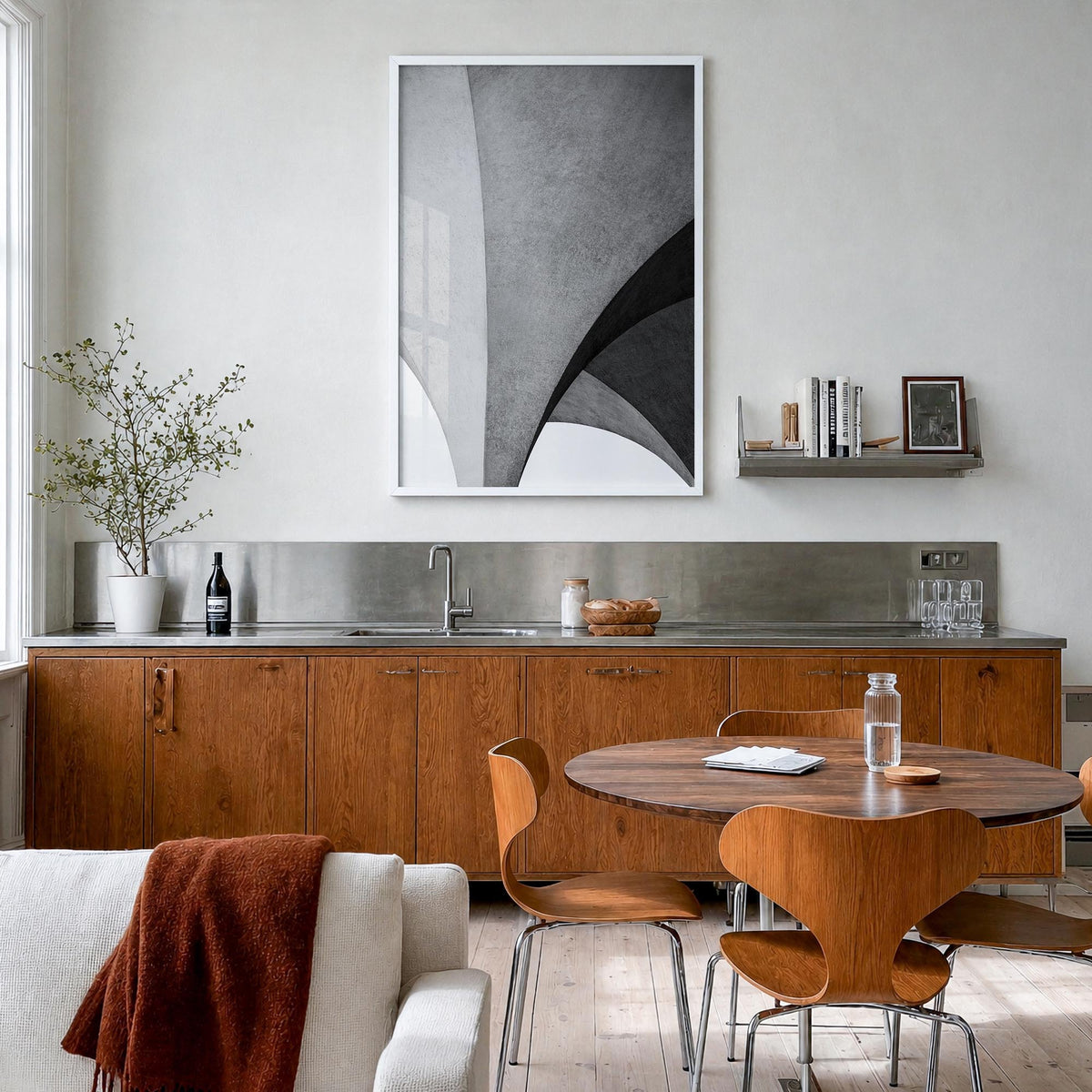 Architecture no. 2 black & white photo poster – vertical wall art in white wood frame, hanging on wall