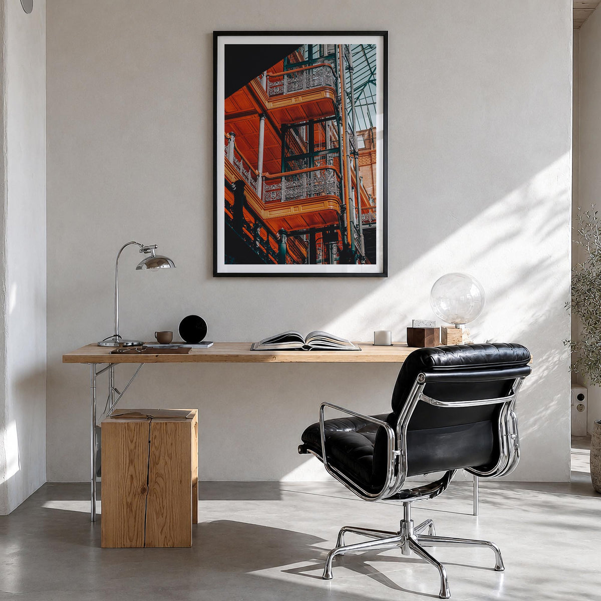 Architecture no. 3 colorful photo poster – vertical wall art in black wood frame with white border, hanging on wall