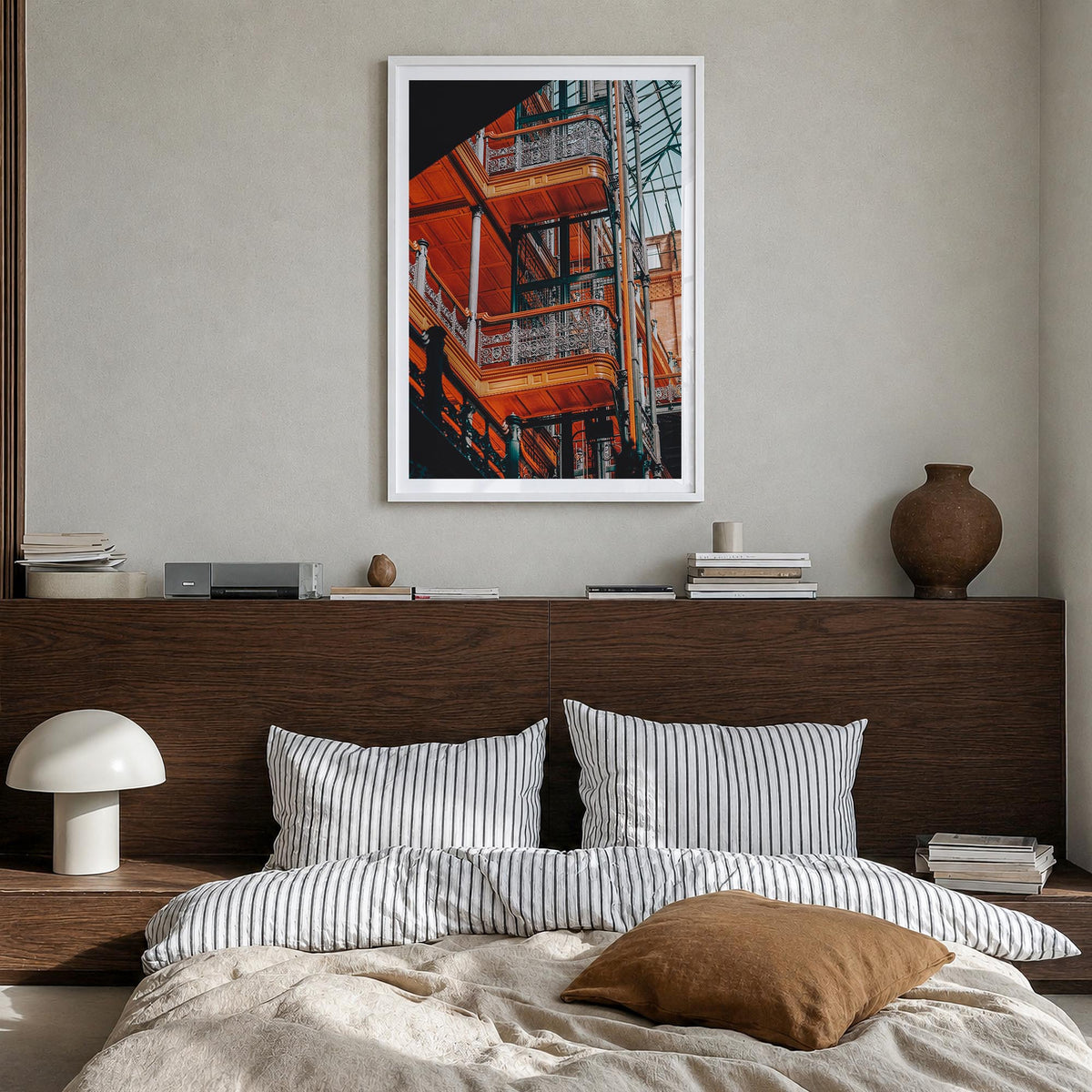 Architecture no. 3 colorful photo poster – vertical wall art in white wood frame with white border, hanging on wall