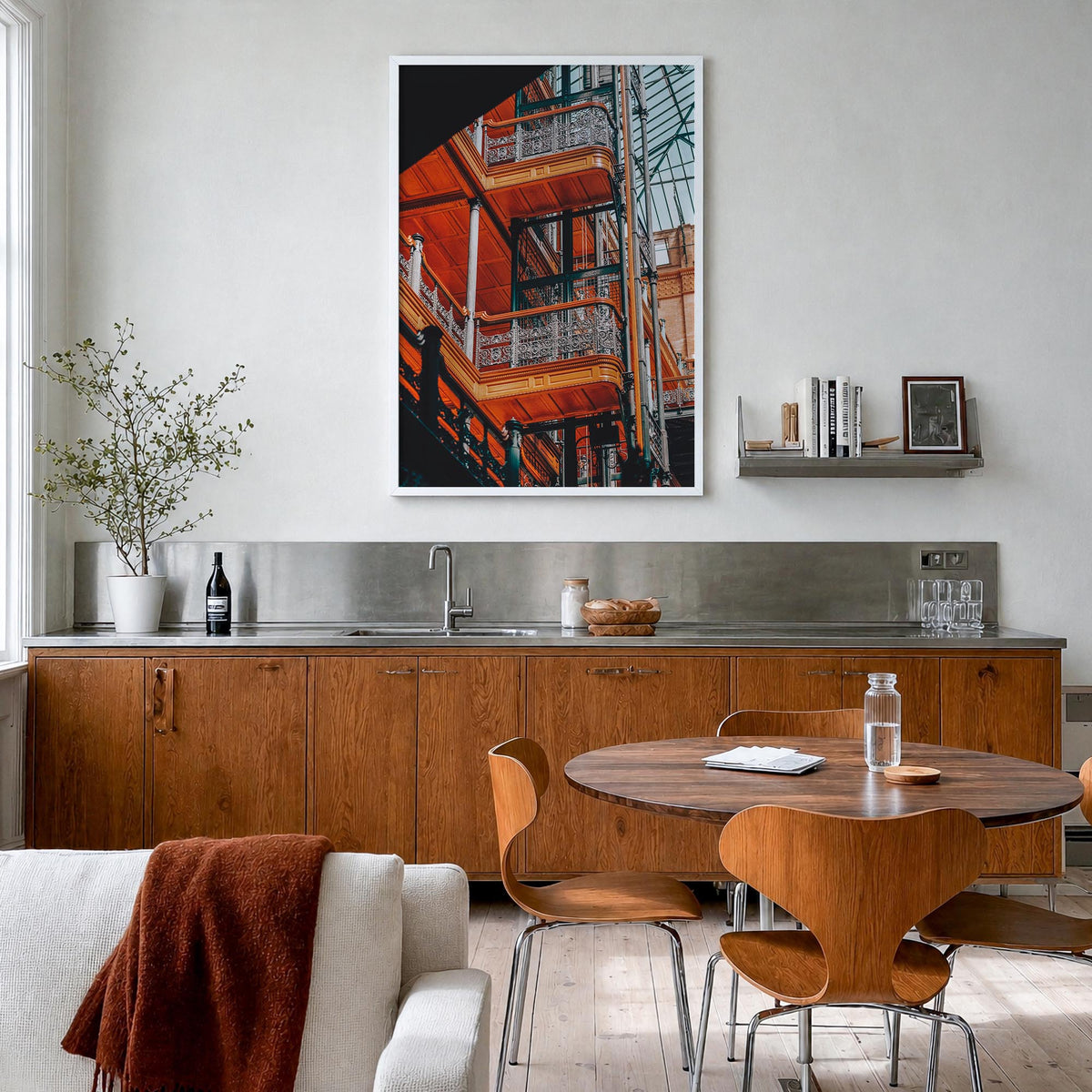 Architecture no. 3 colorful photo poster – vertical wall art in white wood frame, hanging on wall