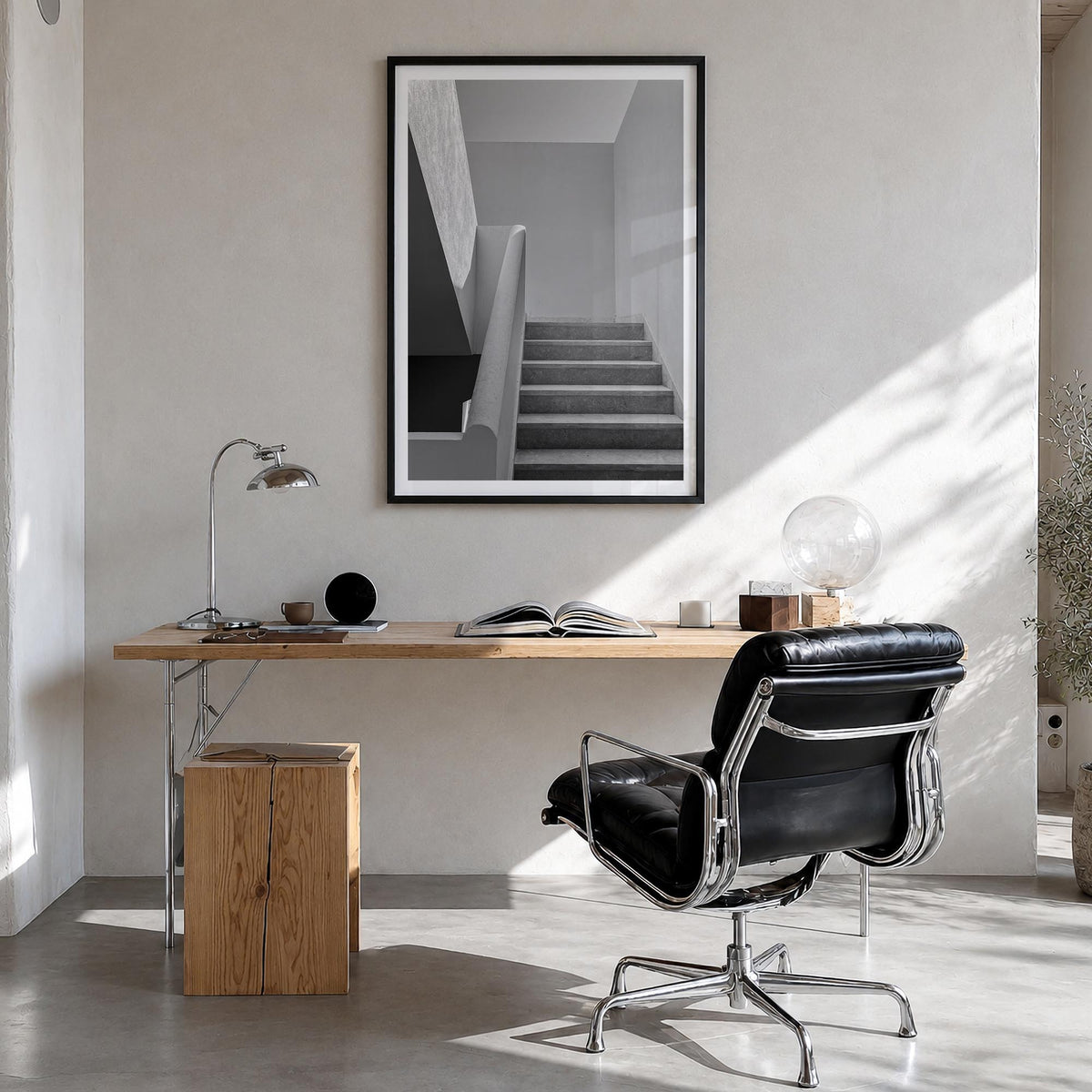Architecture no. 4 black & white photo poster – vertical wall art in black wood frame with white border, hanging on wall