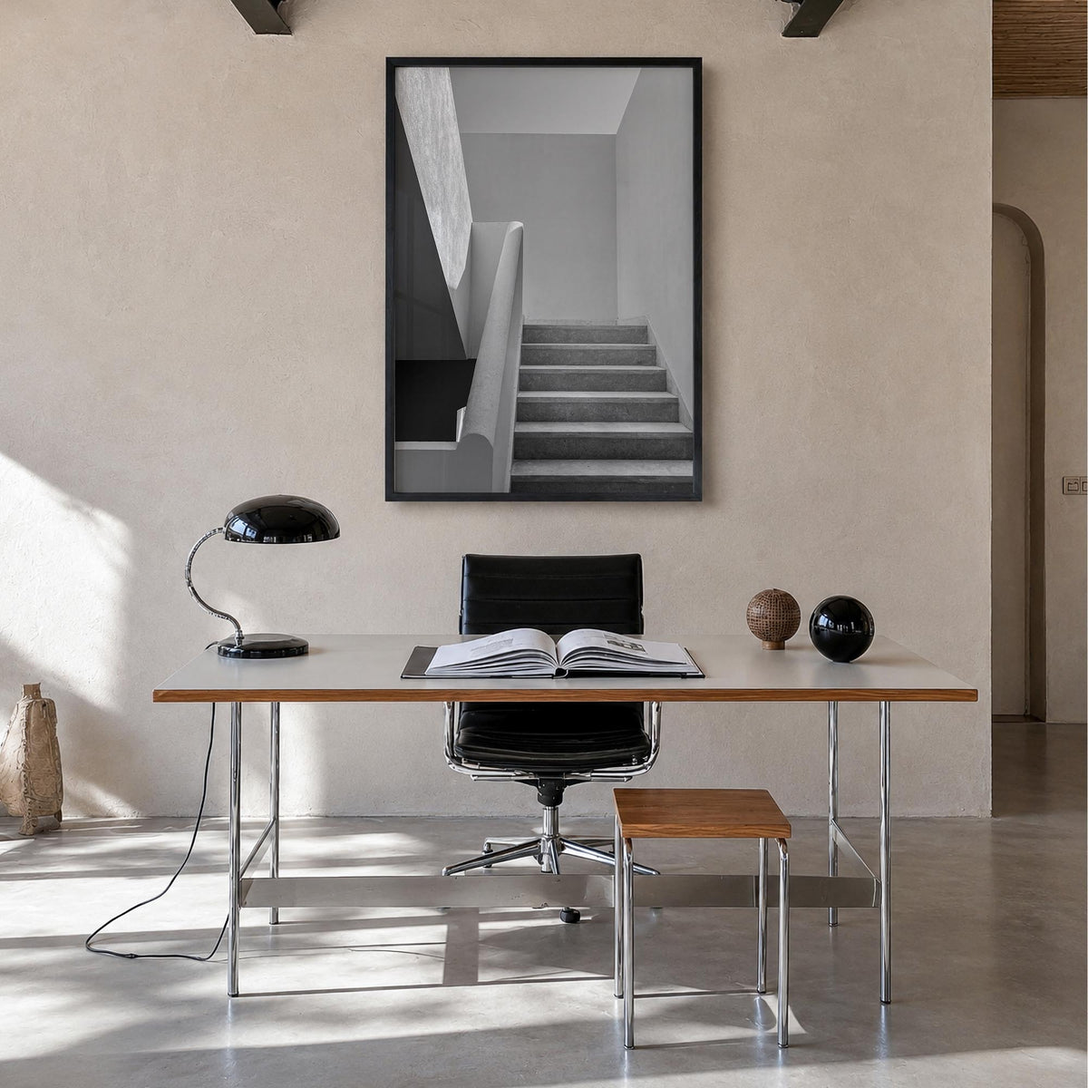 Architecture no. 4 black & white photo poster – vertical wall art in black wood frame, hanging on wall