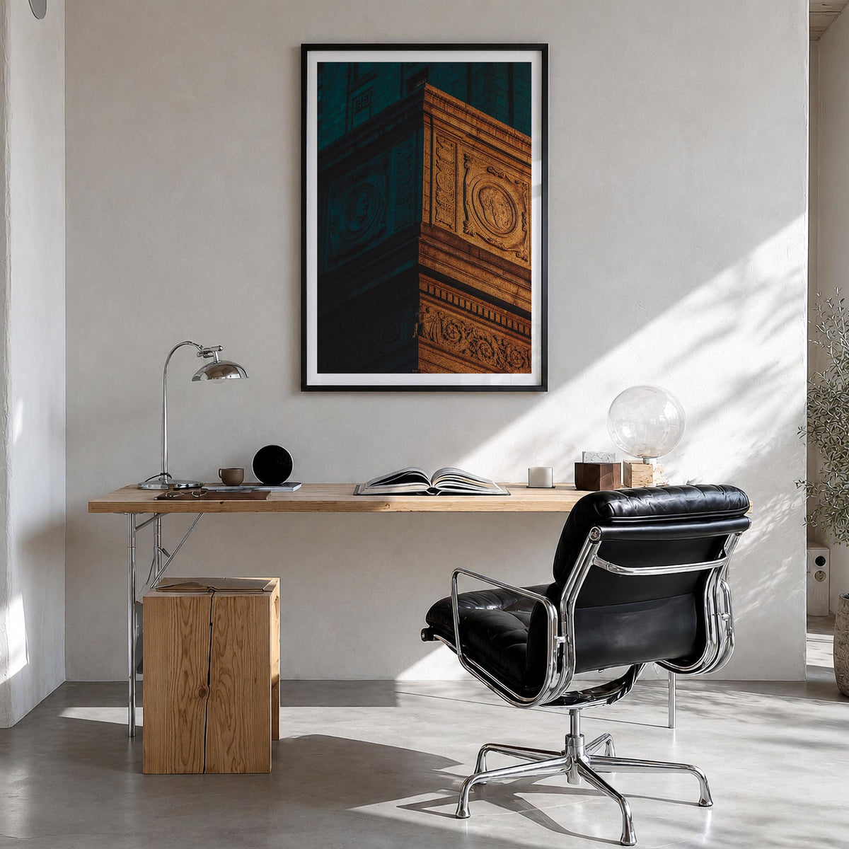 Architecture no. 4 colorful photo poster – vertical wall art in black wood frame with white border, hanging on wall