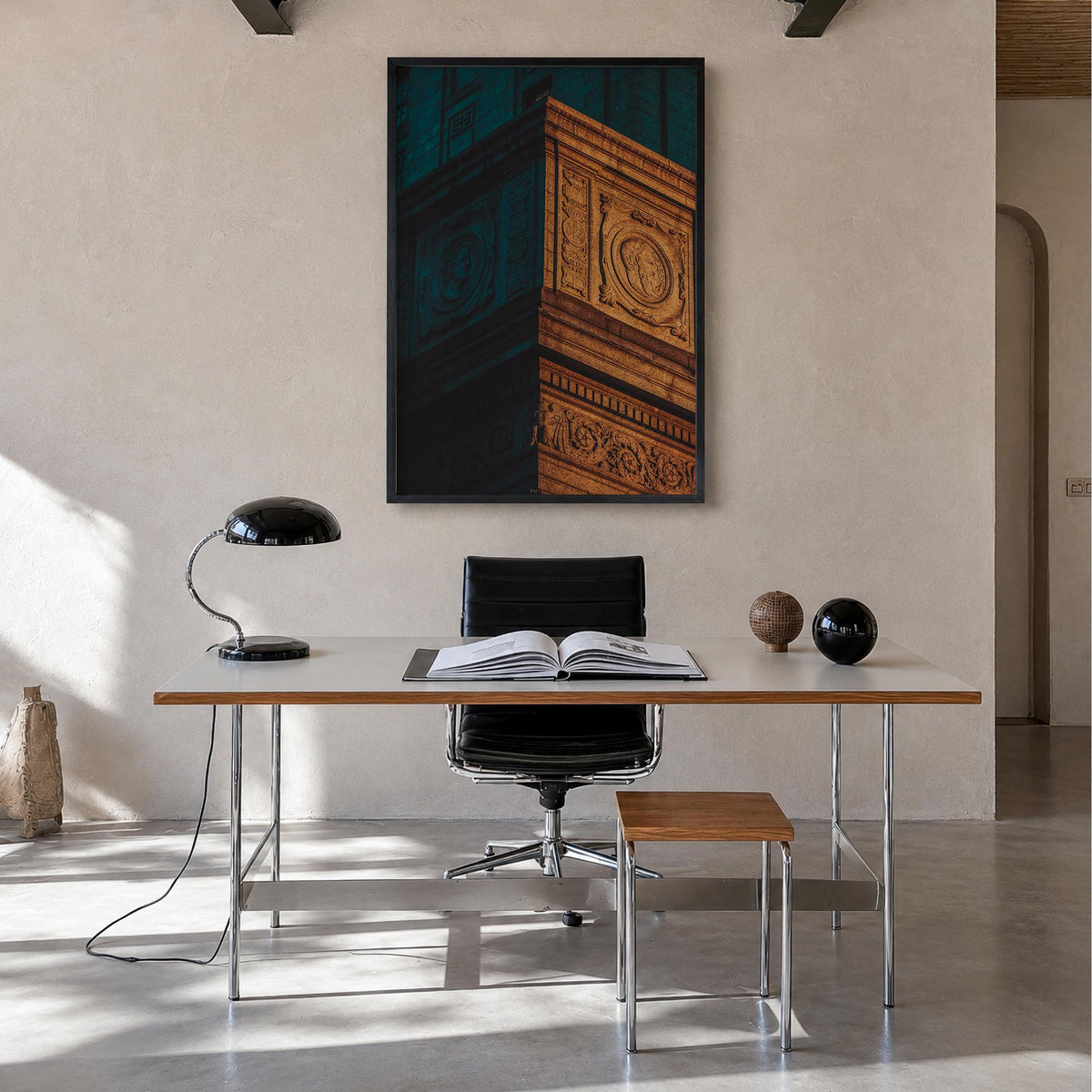 Architecture no. 4 colorful photo poster – vertical wall art in black wood frame, hanging on wall