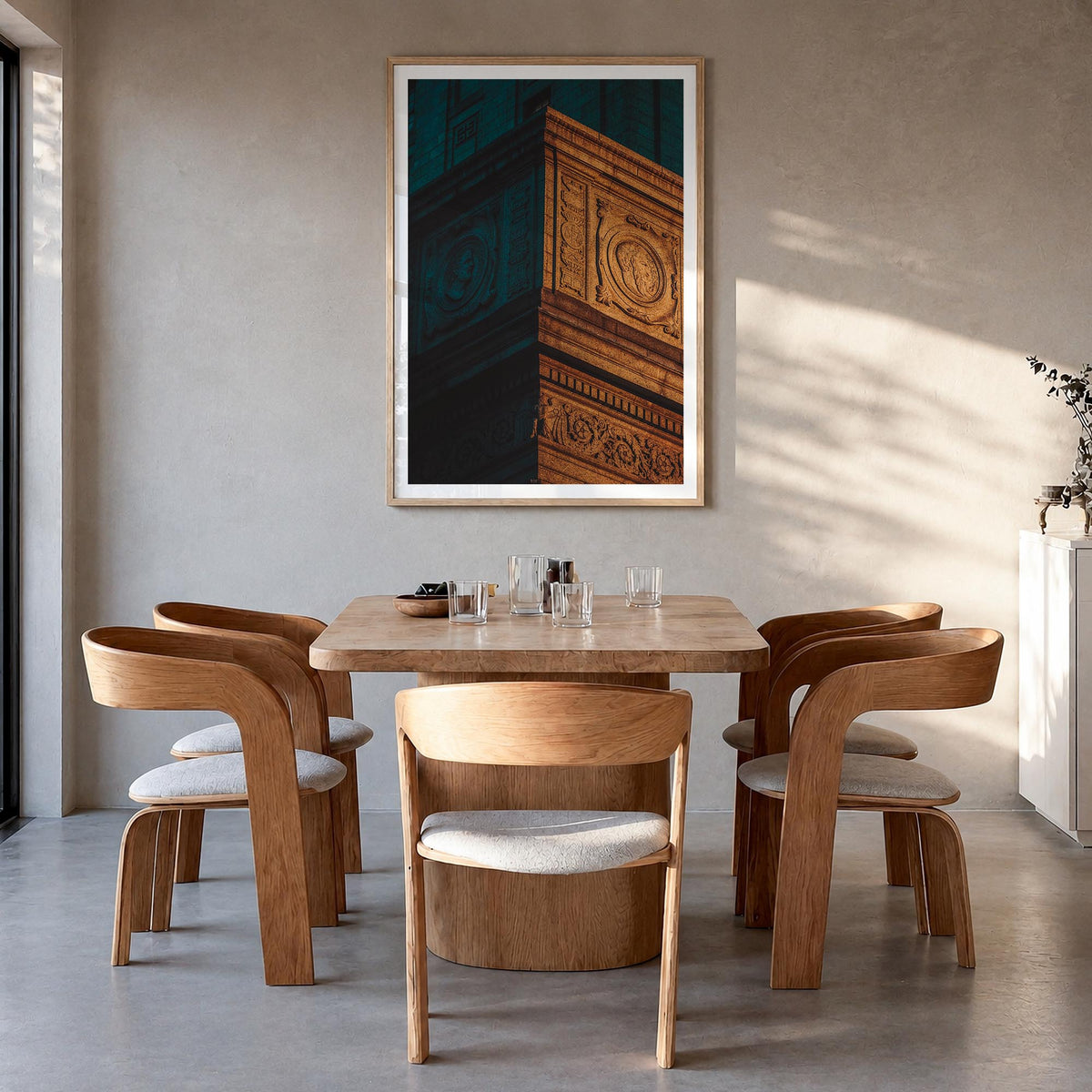 Architecture no. 4 colorful photo poster – vertical wall art in natural wood frame with white border, hanging on wall