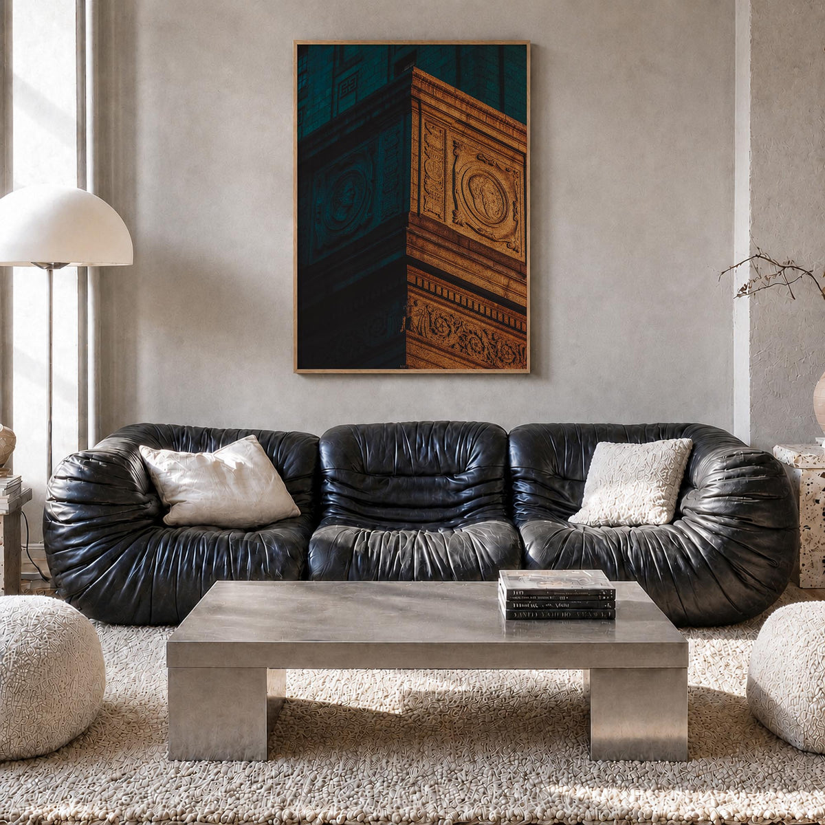 Architecture no. 4 colorful photo poster – vertical wall art in natural wood frame, hanging on wall