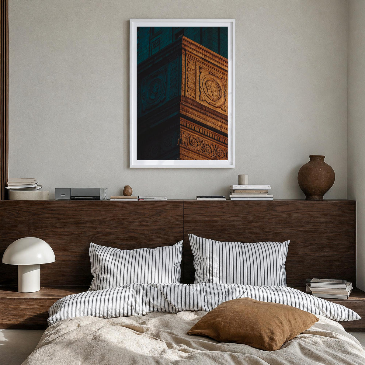 Architecture no. 4 colorful photo poster – vertical wall art in white wood frame with white border, hanging on wall