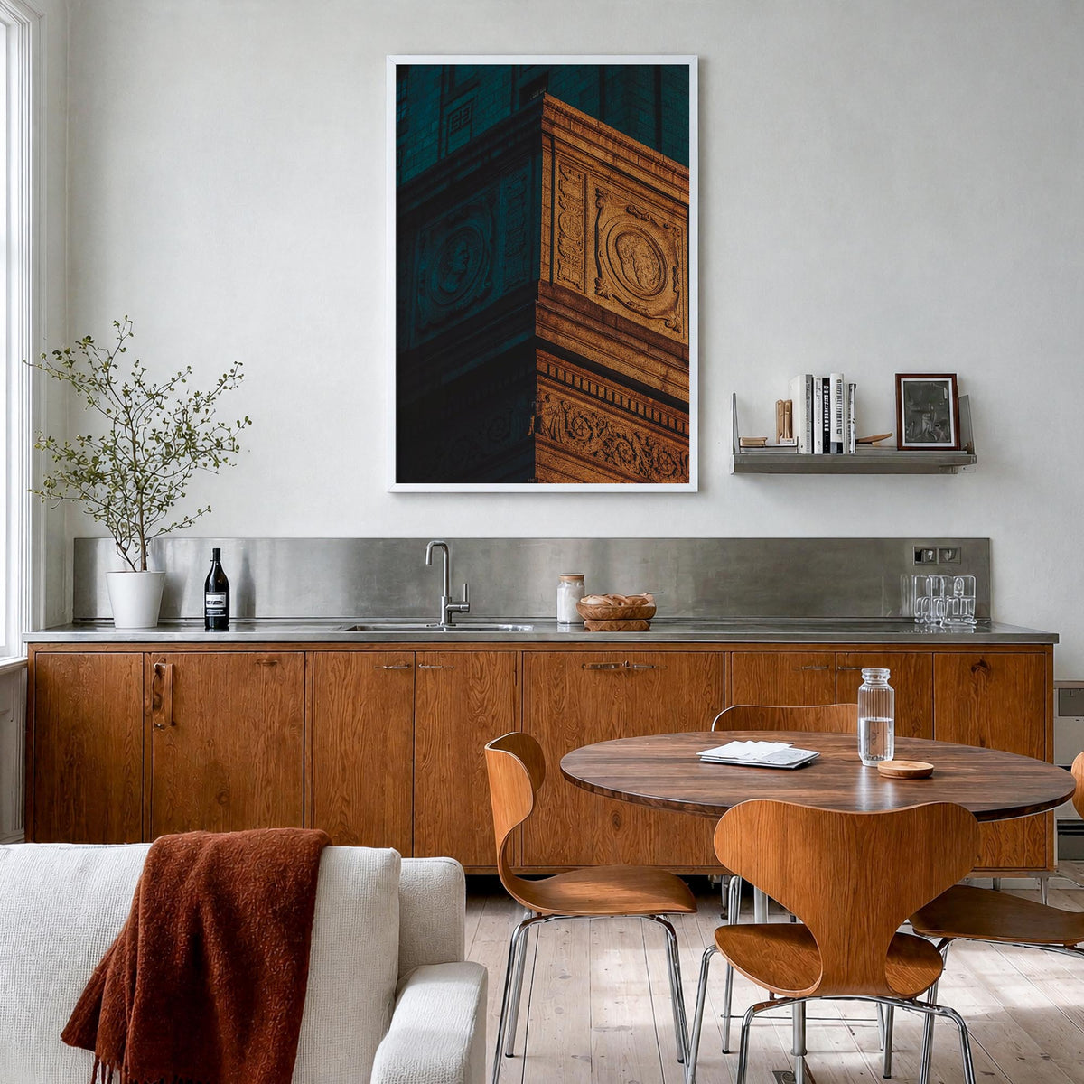 Architecture no. 4 colorful photo poster – vertical wall art in white wood frame, hanging on wall