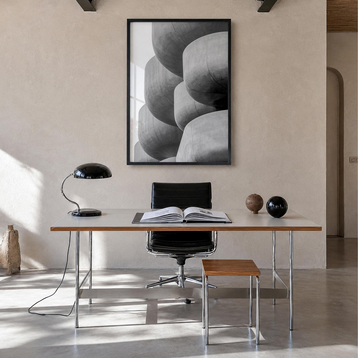Architecture no. 5 black & white photo poster – vertical wall art in black wood frame, hanging on wall