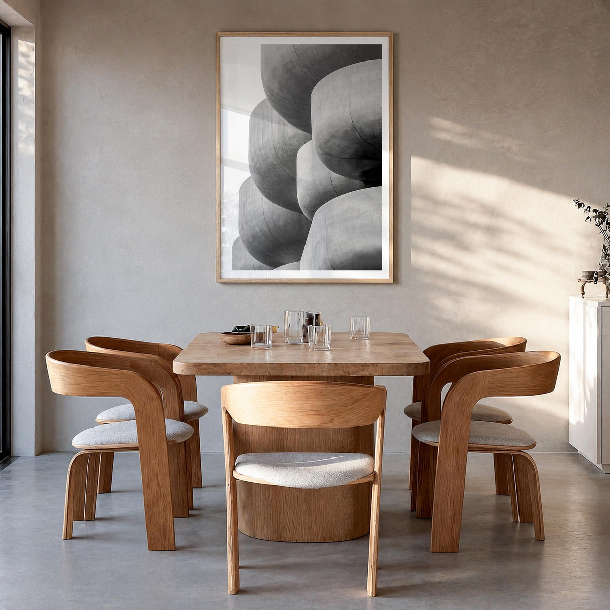 Architecture no. 5 black & white photo poster – vertical wall art in natural wood frame with white border, hanging on wall