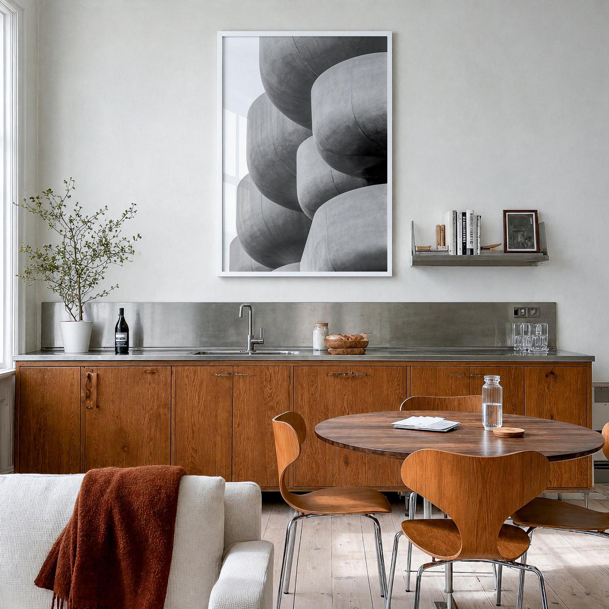 Architecture no. 5 black & white photo poster – vertical wall art in white wood frame, hanging on wall