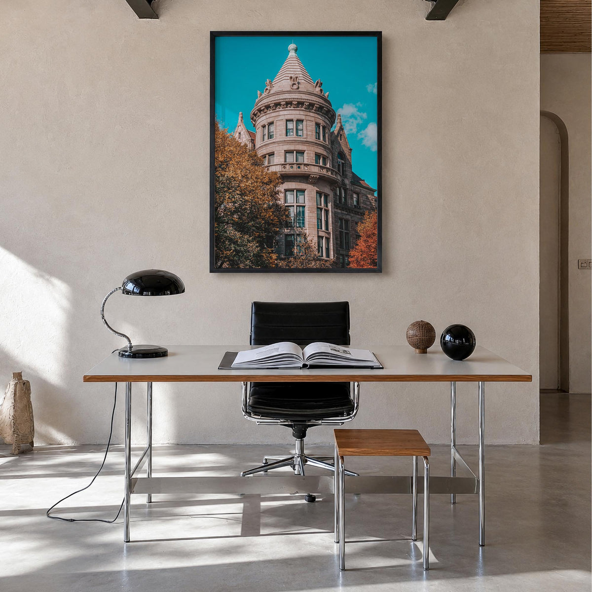 Architecture no. 5 colorful photo poster – vertical wall art in black wood frame, hanging on wall