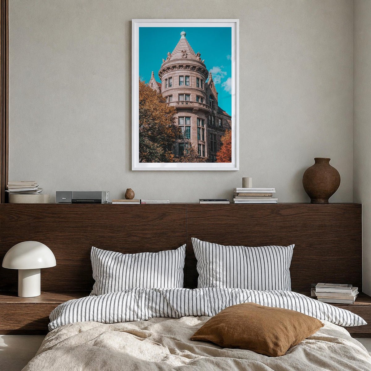 Architecture no. 5 colorful photo poster – vertical wall art in white wood frame with white border, hanging on wall