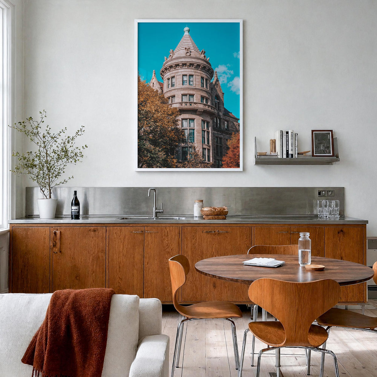 Architecture no. 5 colorful photo poster – vertical wall art in white wood frame, hanging on wall