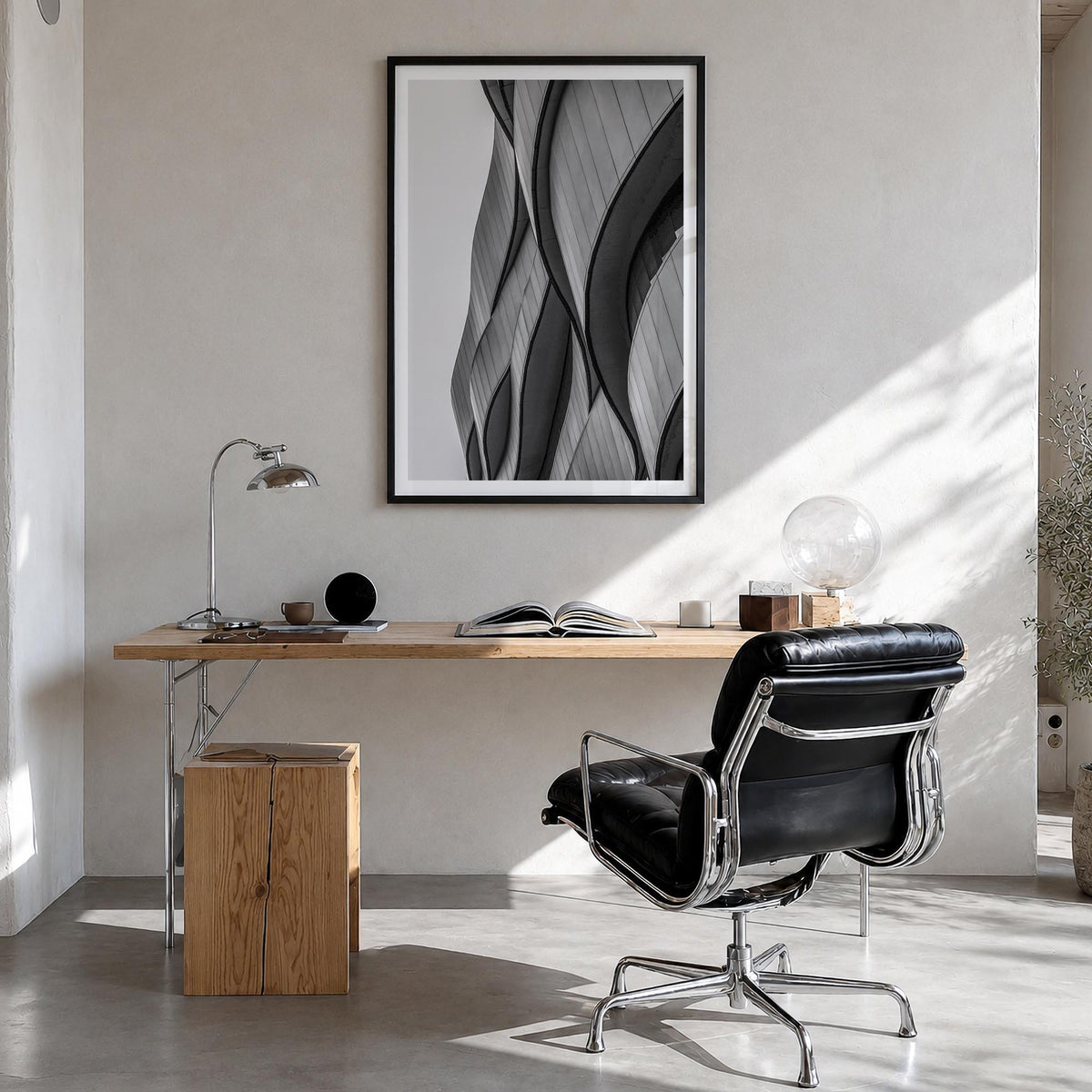 Architecture no. 6 black & white photo poster – vertical wall art in black wood frame with white border, hanging on wall