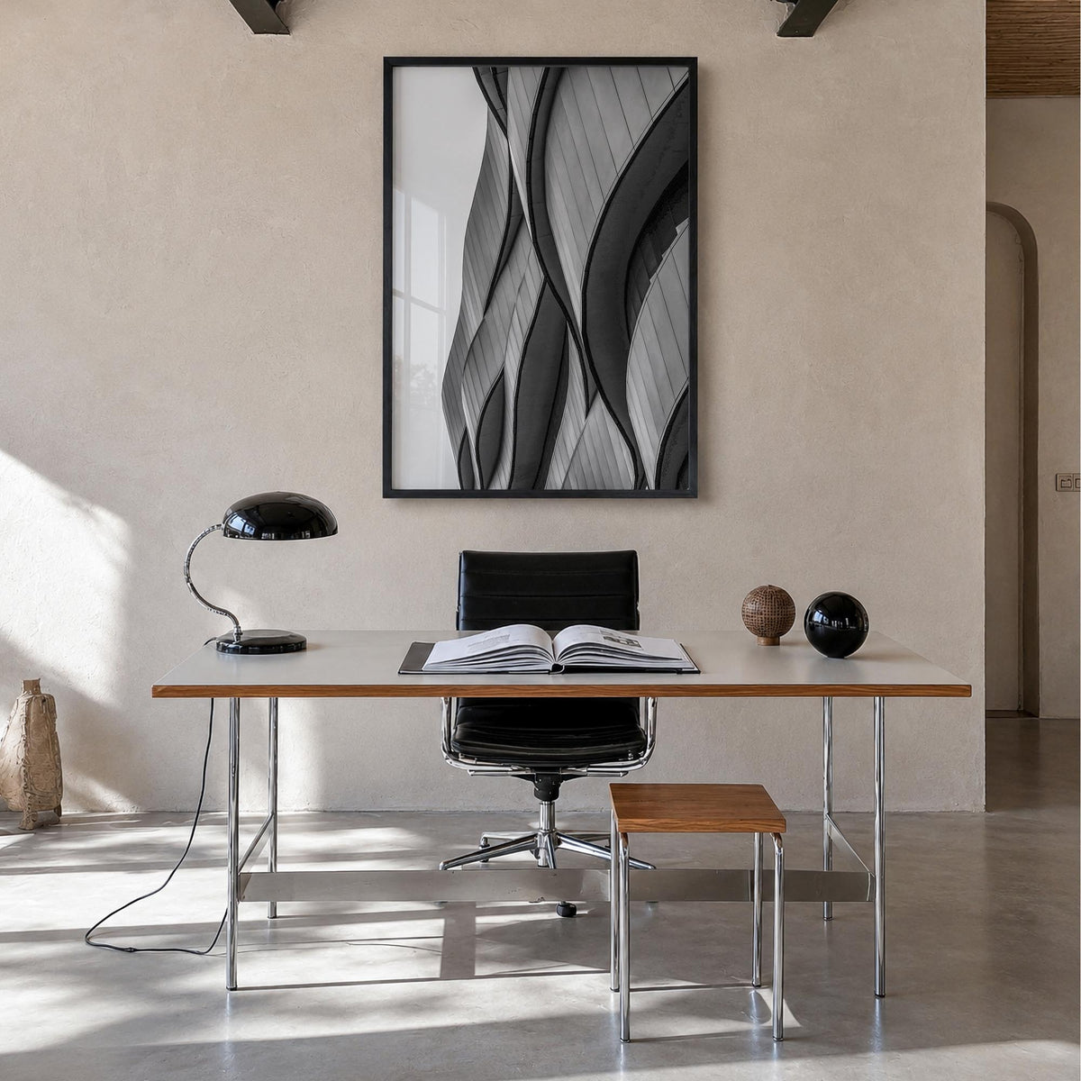 Architecture no. 6 black & white photo poster – vertical wall art in black wood frame, hanging on wall