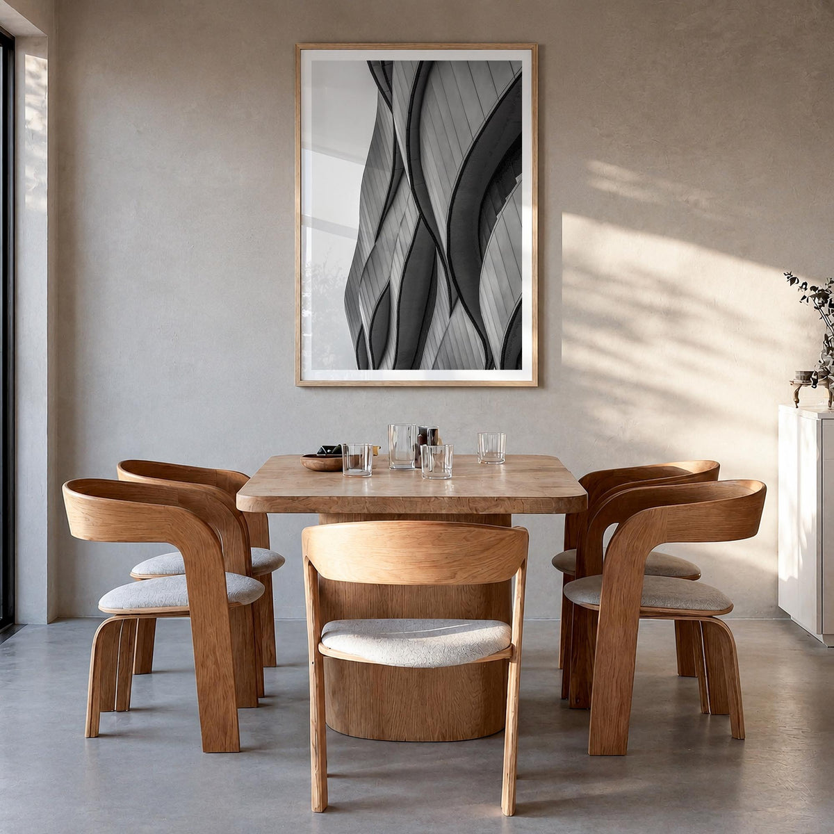 Architecture no. 6 black & white photo poster – vertical wall art in natural wood frame with white border, hanging on wall