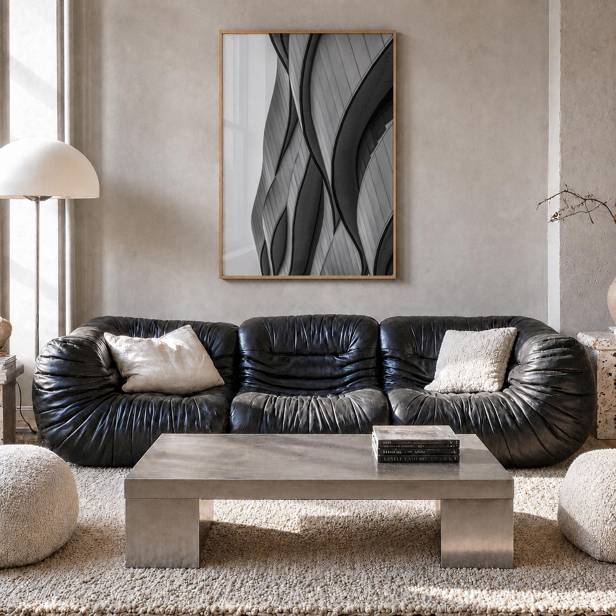 Architecture no. 6 black & white photo poster – vertical wall art in natural wood frame, hanging on wall