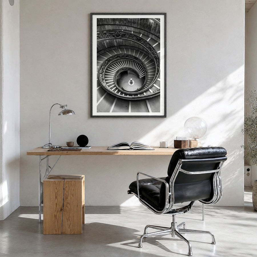 Architecture Photo No 3 Poster in a black wood frame, hanging in a bright home office, white border