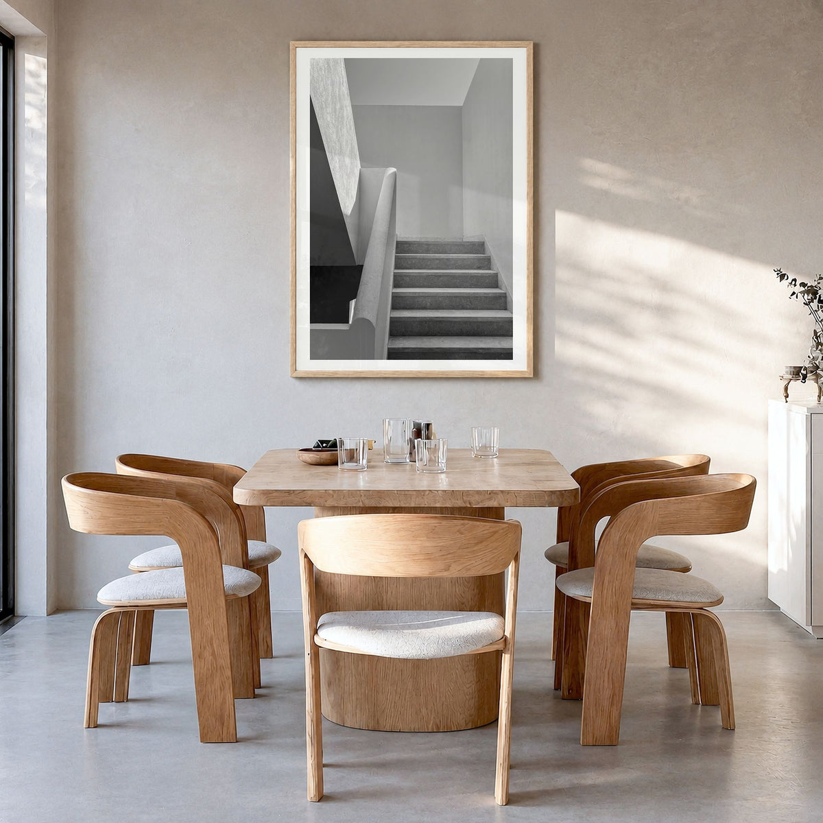 Architecture Photo No 4 Poster in a natural wood frame, hanging in a dining room, white border